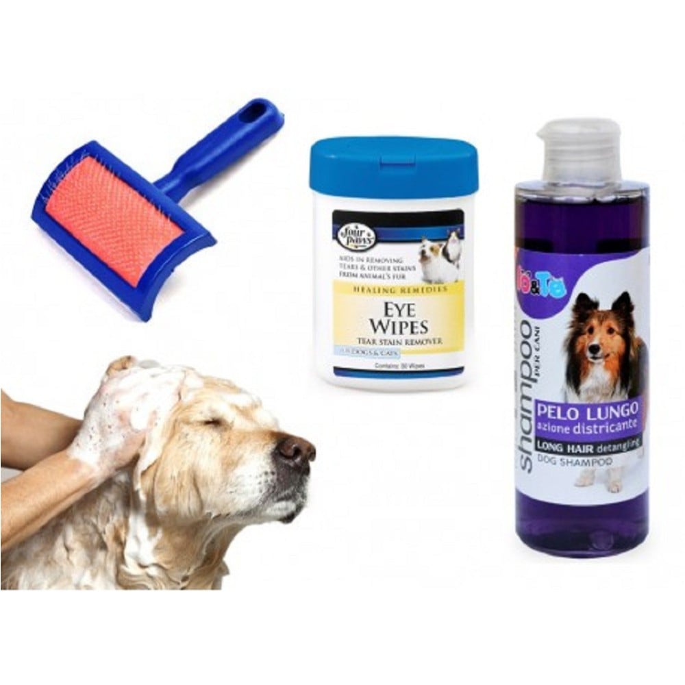 kit-pulizia-cani-shampoo-azione-districante-salviettine-spazzola-cardatore-pelo-lungo.jpg Kit Toelettatura Cane Pelo Lungo Shampoo Salviettine Cardatore