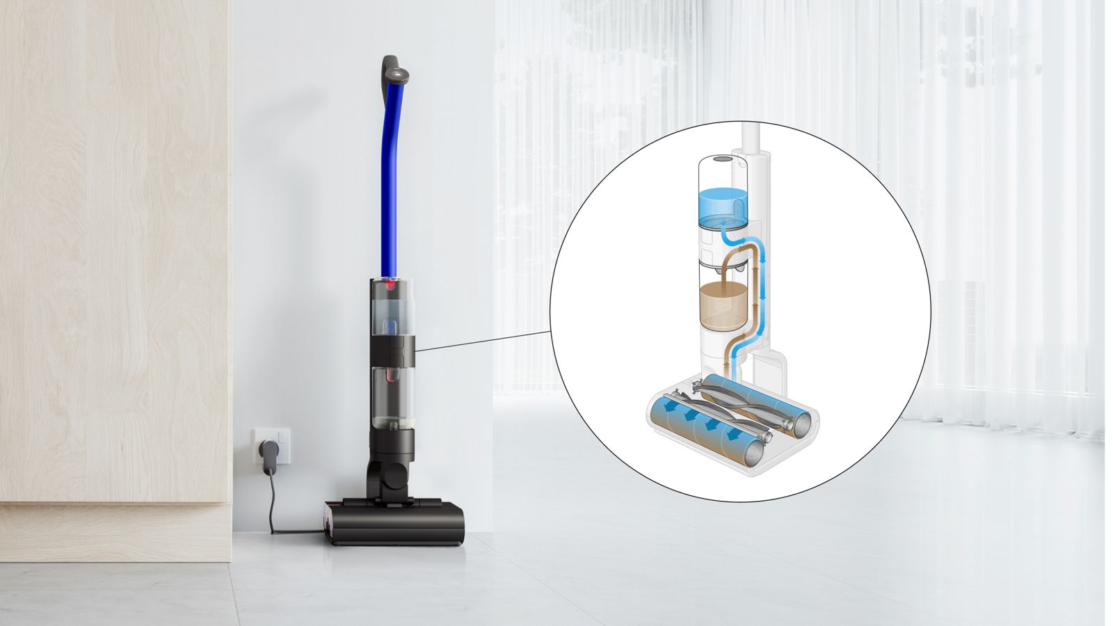 Lavapavimenti Dyson WashG1 Senza Filo Con Doppio Rullo E Autopulizia Schema Dyson del ciclo di autopulizia WashG1 sulla stazione di ricarica